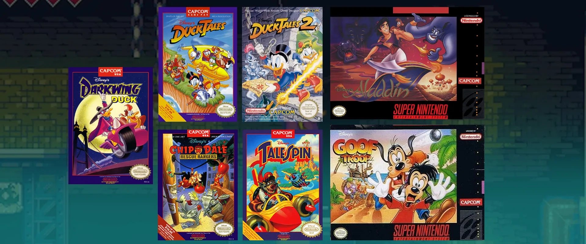 Capa dos jogos:  Ducktales e Ducktales 2, Chip 'n Dale: Rescue Rangers, TaleSpin, Darkwing Duck, Goof Troop e Alladin