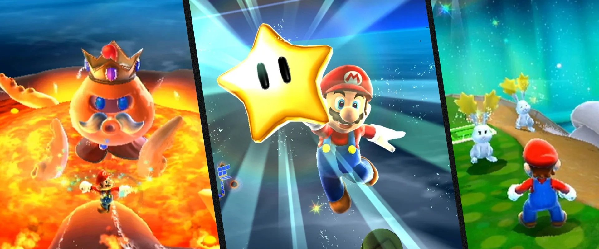 três imagens de super mario galaxy, com mario enfrentando o Bowser, encontrando uma estrela e explorando uma ilha