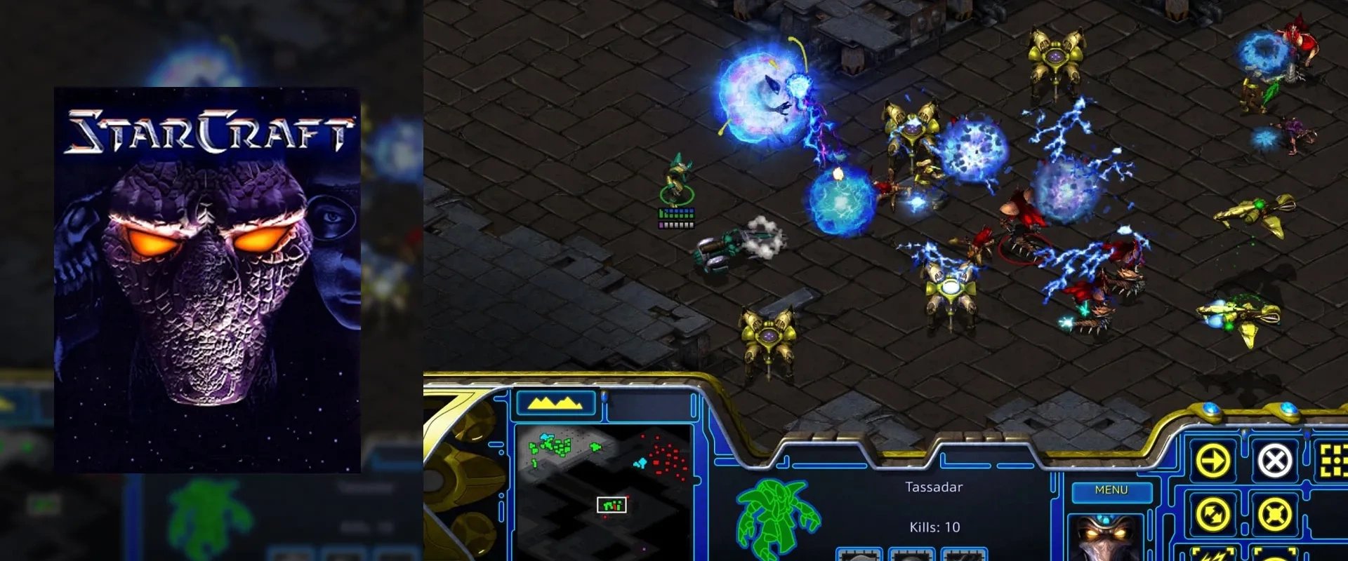 Imagem da capa de Starcraft á esquerda e imagem do jogo ao fundo