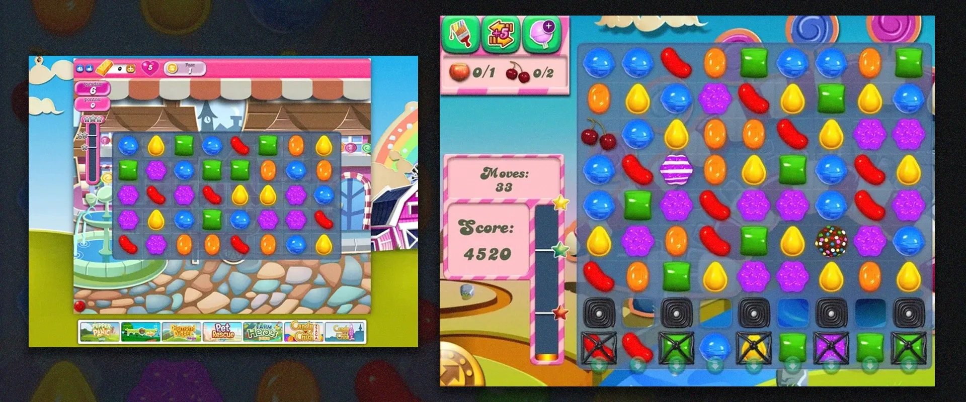Imagem mostrando o Candy Crush em sua versão mais antiga à esquerda e sua versões mais recentes à direita
