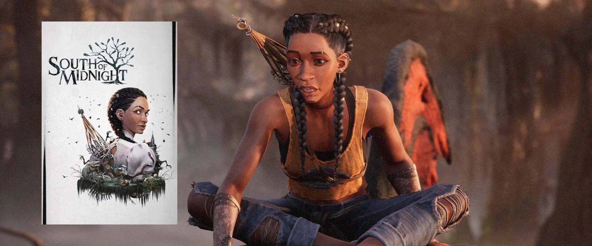 Capa de South of Midnight à esquerda e imagem do trailer ao fundo