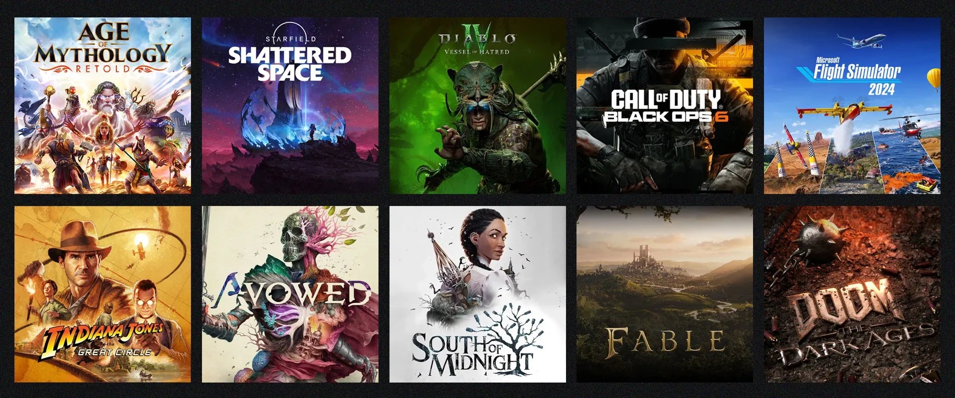 Imagem mostrando a capa de diversos jogos que foram mostrados, da esquerda para direita, de cima para baixo: Age of Mythologies: Retold; Starfield : Shattered Space; Diablo IV: Vessel of the Hatred; Call of Duty: Black Ops 6; Microsoft Flight Simulator; na fileira inferior: Indiana Jones and the Great Circle; Avowed; South of the Midnight; Fable e Doom the Dark Ages 