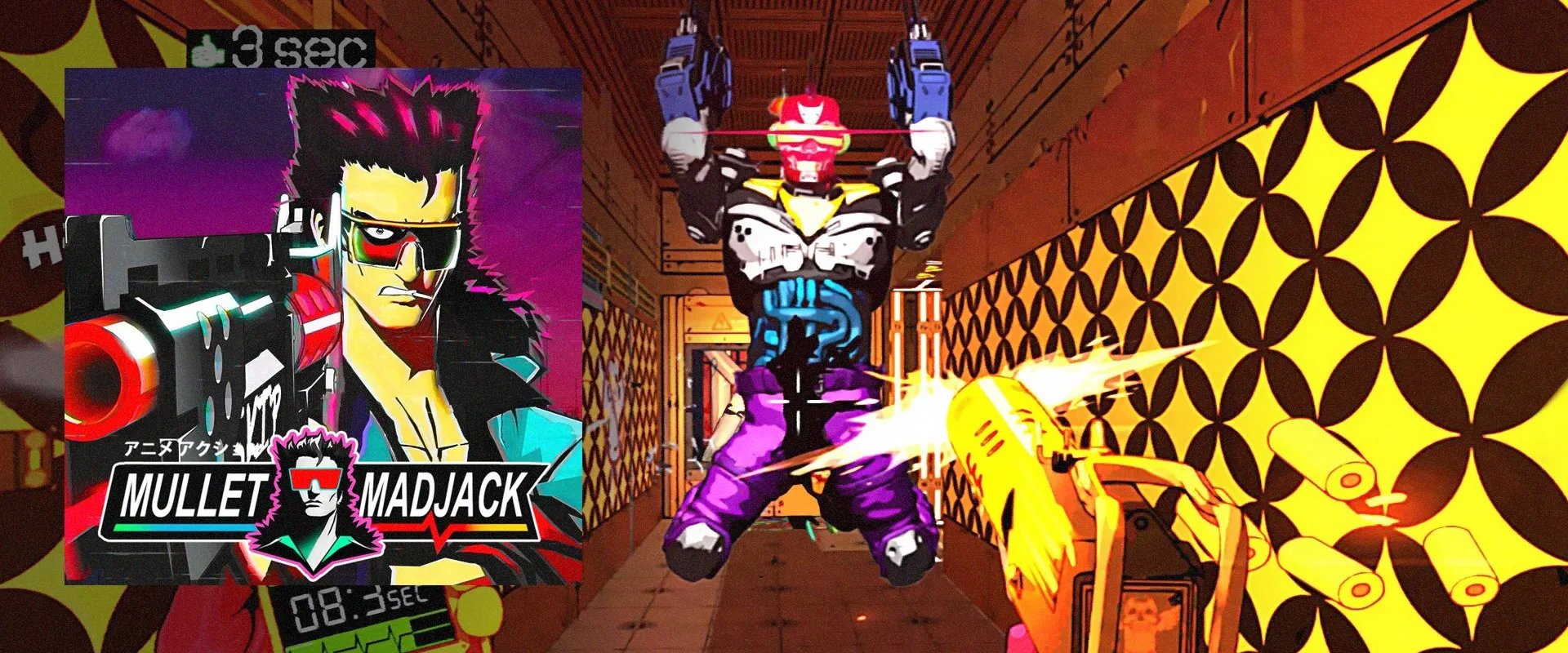 Capa de Mullet MadJack à esquerda, e ao fundo captura do jogo