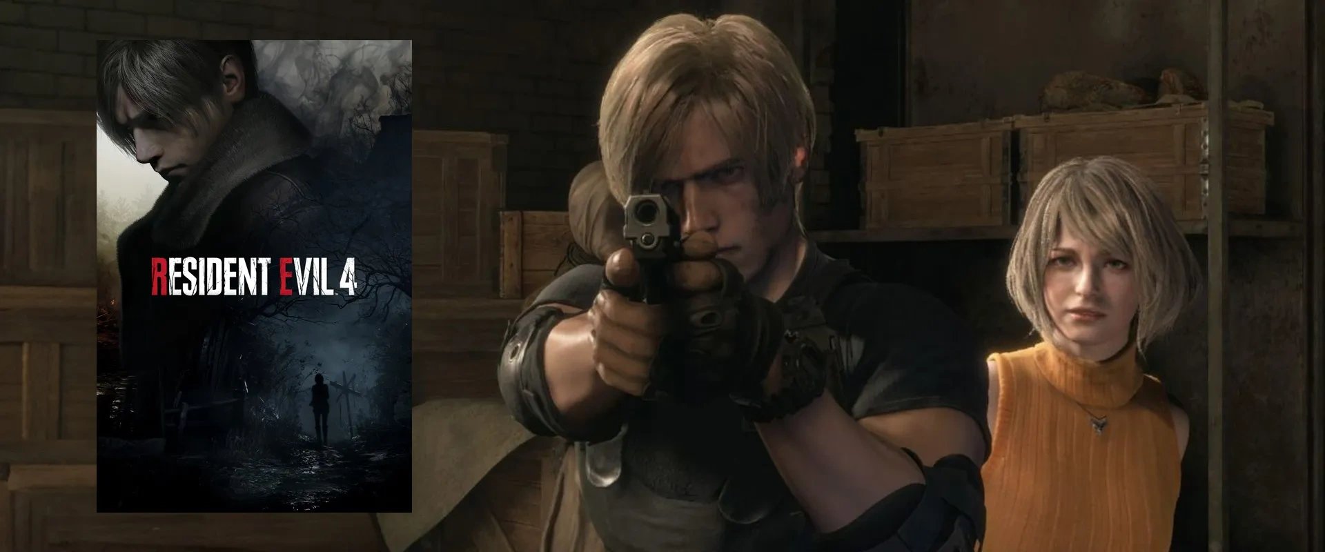 Capa do jogo Resident Evil 4 à esquerda e imagem do jogo ao fundo