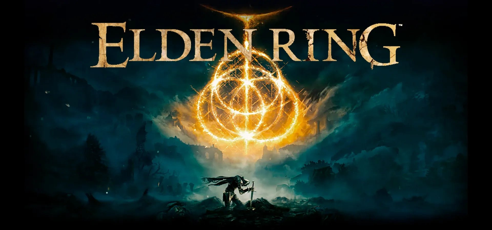Arte de divulgação do jogo Elden Ring mostrando o logo, um símbolo da runa e um cavaleiro ajoelhado no centro inferior da imagem