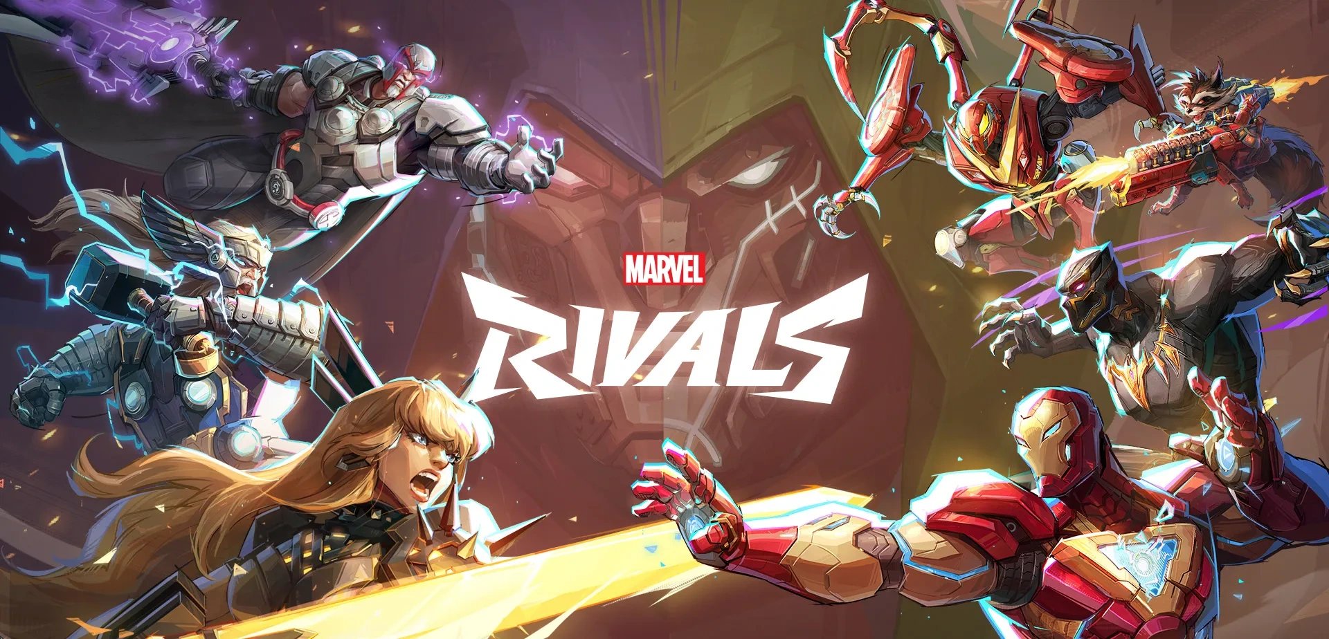 Imagem do logo do Marvel Rivals com diversos personagens do jogo a volta
