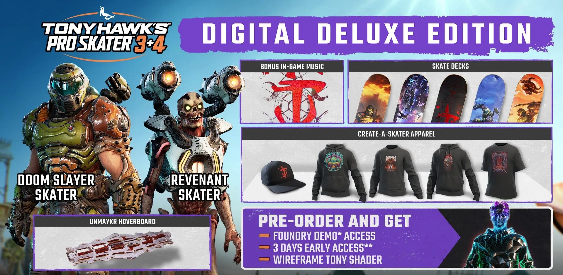 Imagem mostrando todos os conteúdos extras inclusos na versão digital deluxe: Os personagens Tony Wireframe, Doom Slayer Skater, Revenant Skater, Um set de roupas para customização, e um set para desenhos de skates