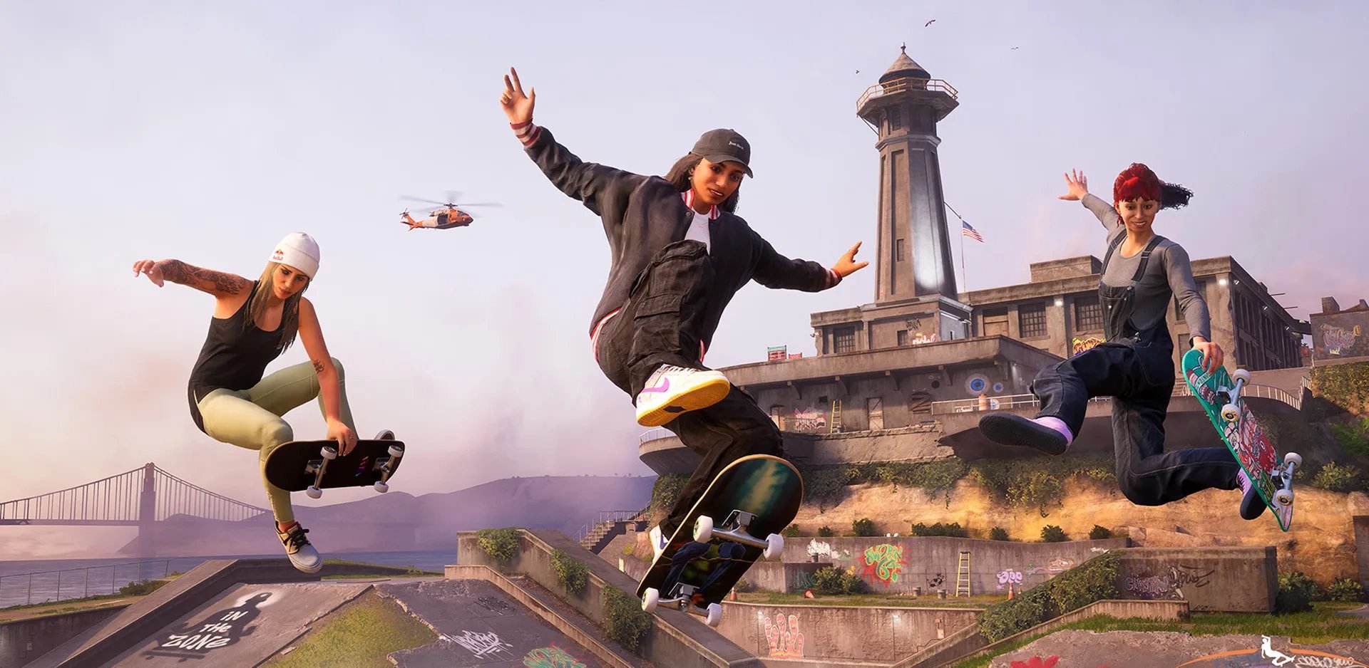 Imagem mostrando três skatistas do jogo no fundo de uma nova pista de skate
