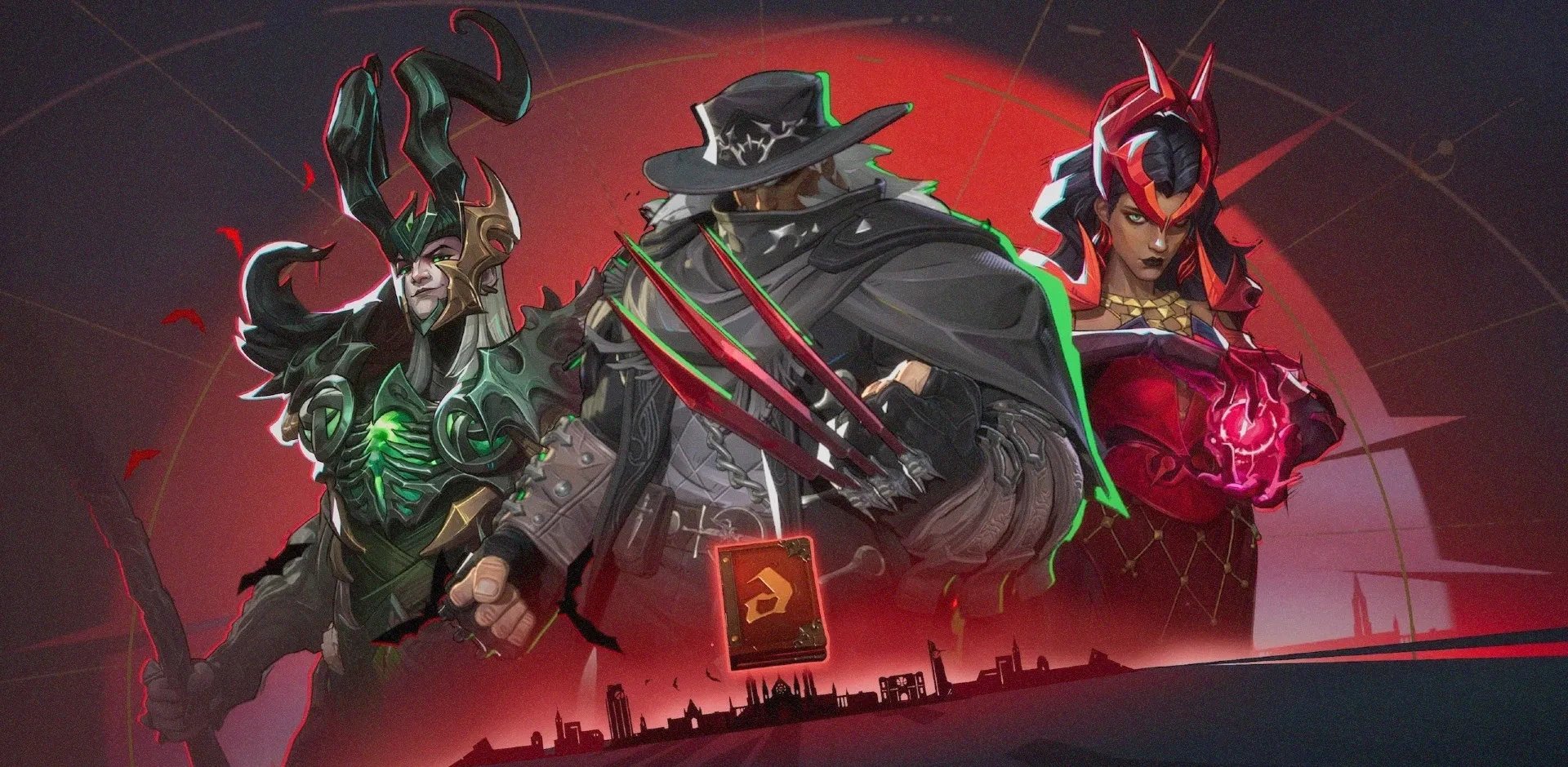 Imagem destacando três skins de três personagens: Loki skin "all-butcher" à esquerda; Wolverine "Blood Berserker" ao centro; Feiticeira Scarlate "Emporium Matron" à direita